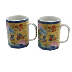 Hues n Brews Mugs Floral Mandarin Ducks Design Herman Dodge Japan